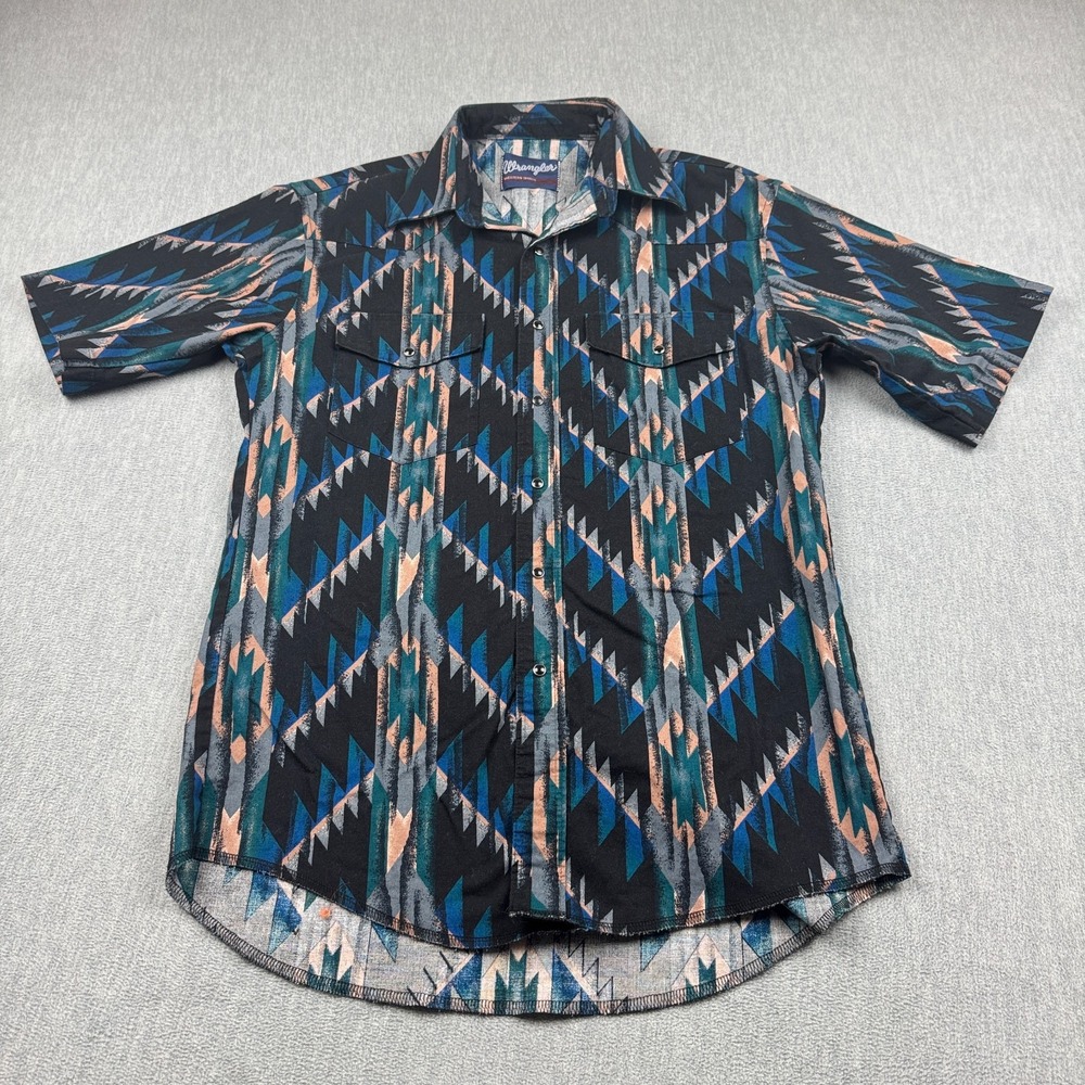 Vintage‎ Wrangler Shirt Mens Large Black Blue Aztec Snap Western Rodeo Cowboy